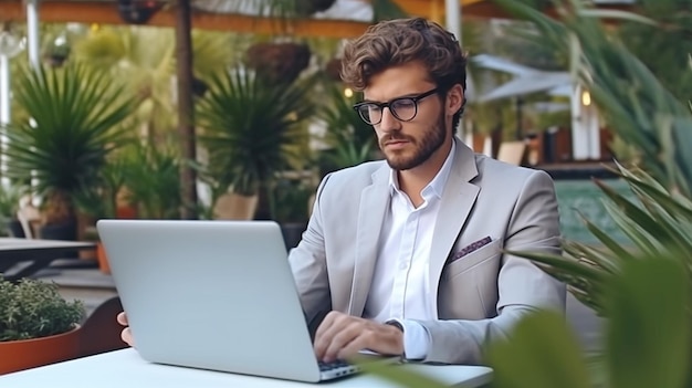 Atraente jovem empresário trabalhando em uma cadeira do lado de fora enquanto usa um laptop GERAR IA
