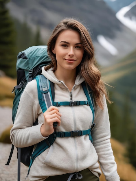 atraente jovem garota bonita caminhada de montanha