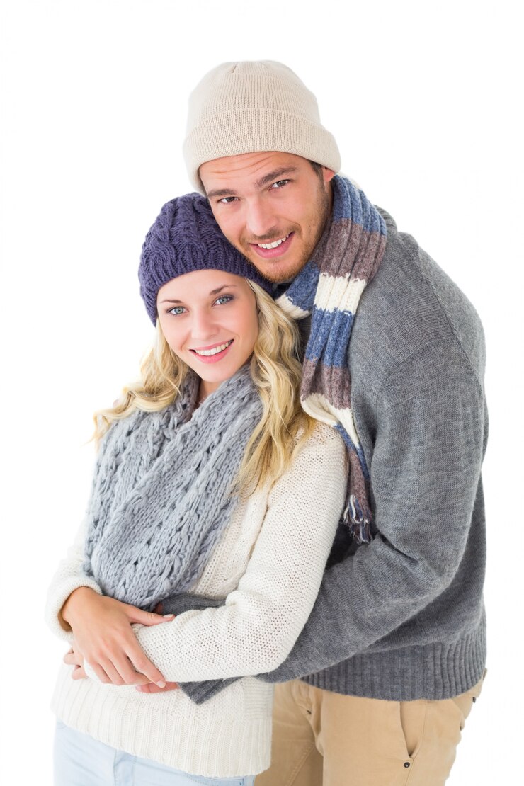 Foto atraente, par, em, inverno, moda, abraçando