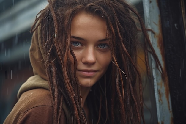 Atrapada bajo una fuerte lluvia, una mujer deslumbrante con rastas y el cabello mojado lanza una mirada sensual con una sonrisa misteriosa que deja mucho a la imaginación IA generativa