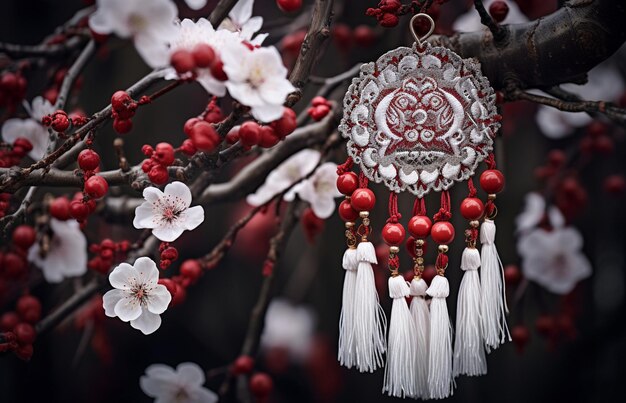 Atrapador de sueños en una rama de un albaricoque en flor