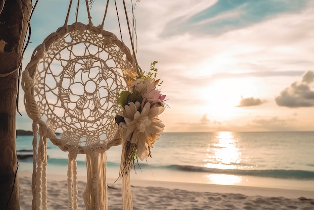 Atrapasueños boho colgados en la playa al atardecer AI generativa