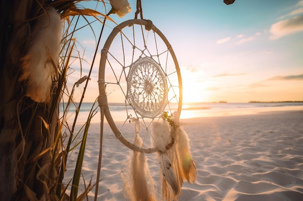 Atrapasueños boho colgados en la playa al atardecer AI generativa