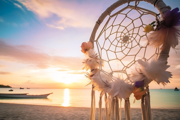 Atrapasueños boho colgados en la playa al atardecer AI generativa