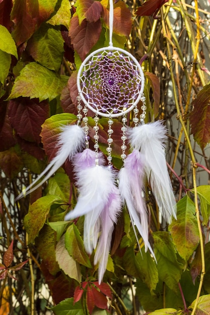 Atrapasueños hechos a mano con hilos de plumas y cuentas colgando de la cuerda.