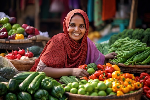 Atrás da barraca de legumes, uma mulher asiática sorridente promove uma variedade colorida de frutas e legumes recém colhidos, incentivando uma dieta equilibrada