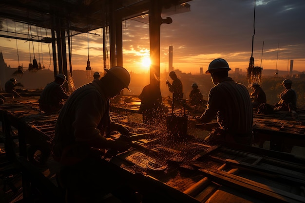 Atrás do pôr do sol, um grupo de pessoas está trabalhando em uma mesa Generative AI