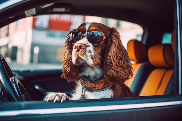 Atrás do volante, um cachorro spaniel feliz com óculos de sol dirige o carro com alegria