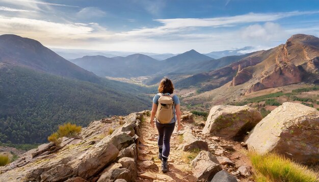 Desde atrás un excursionista atraviesa un sendero de montaña rocosa con tonos terrosos con amplias vistas de va...