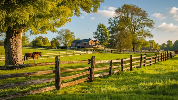 Foto através da casa de campo dividindo os campos verdes exuberantes e cavalos pastam pacificamente nas proximidades
