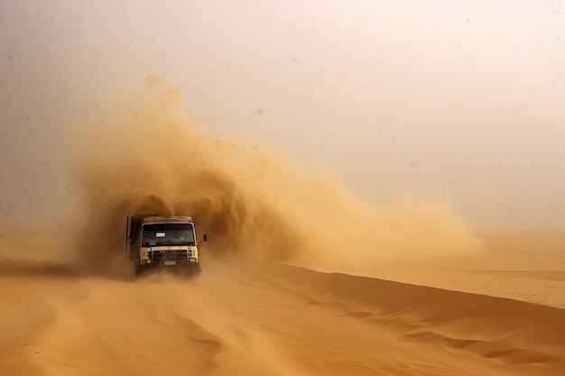 Foto através da tempestade o veículo atravessa uma tempestade de areia ai generative