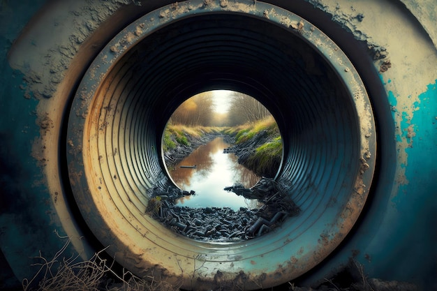 Foto através de um grande tubo de descarga de esgoto doméstico é drenado para um reservatório