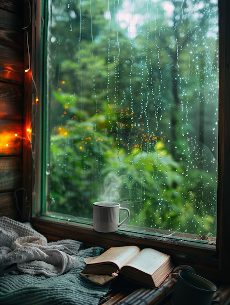Foto através de uma janela de madeira, uma cena tranquila de chuva em folhagem exuberante se desenrola com o conforto de uma bebida quente e um livro nas proximidades.