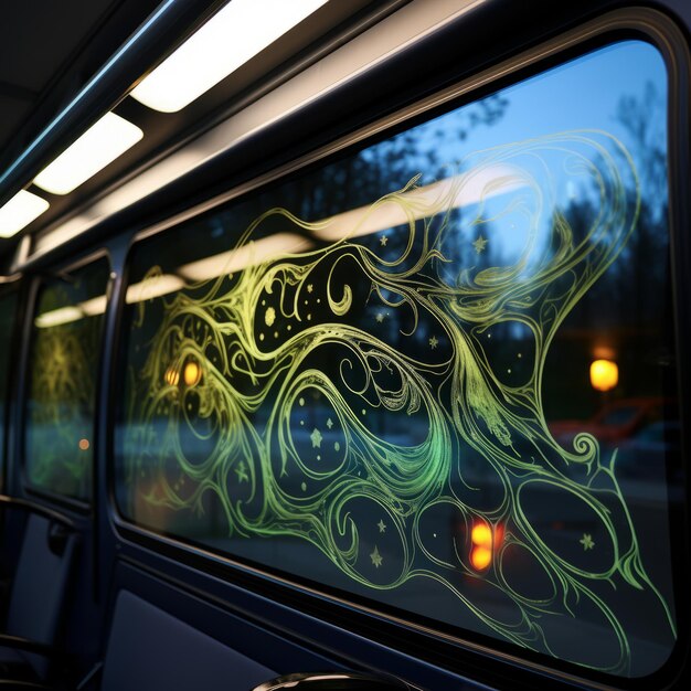 Foto através do espelho uma viagem visual na folha de visão unidirecional de uma janela de ônibus
