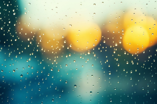 Através do vidro, a chuva cai na janela com um reflexo das luzes da rua.