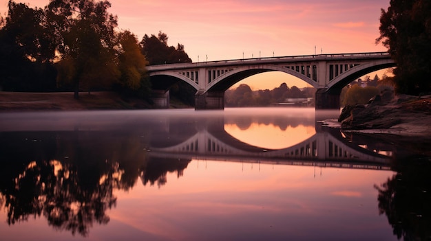 Atravessando uma Dreamy Horizon Arafed Bridge sobre um rio com um Pink Sky GenerativeAI