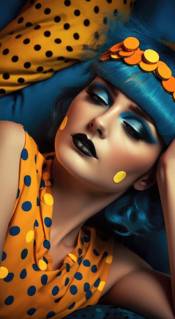Atrevida dama de la moda con sombra de ojos naranja, azul y amarilla Perfecta para carteles y páginas de destino IA generativa