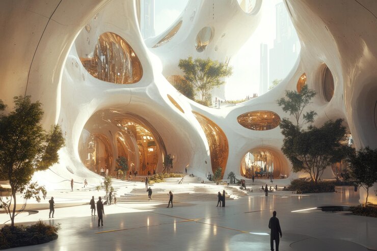 Foto atrio biomórfico futurista paisaje urbano gente vestíbulo