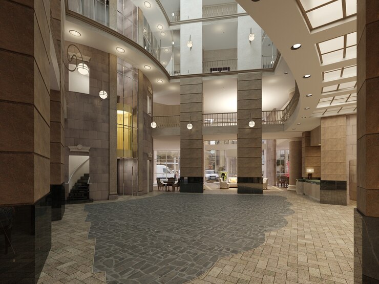Foto átrio de hotel moderno com espaço interior de vários níveis e varandas. o interior do lobby do hotel em estilo clássico. renderização 3d.