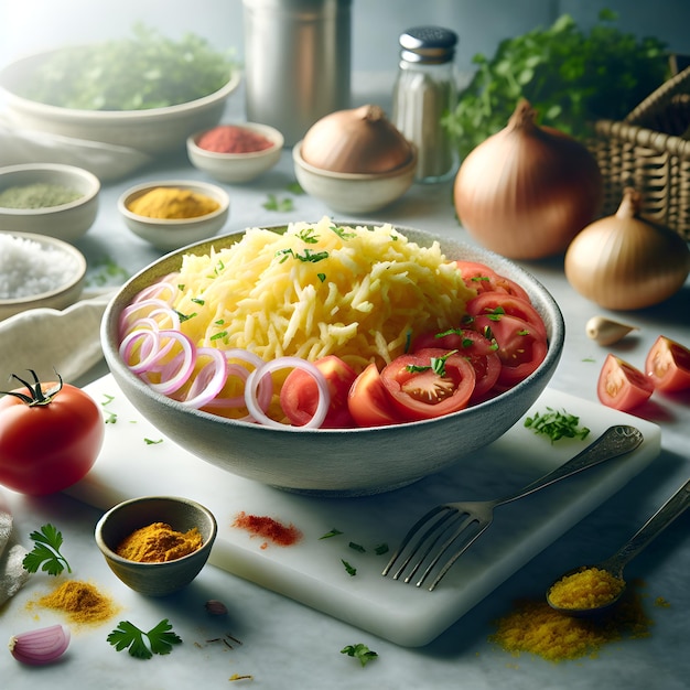 Attieke com salada de tomate no balcão de mármore