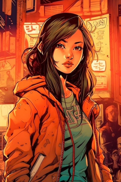 Attraktive asiatisch-amerikanische Frau im Manga-Charakterdesign im Anime-Stil