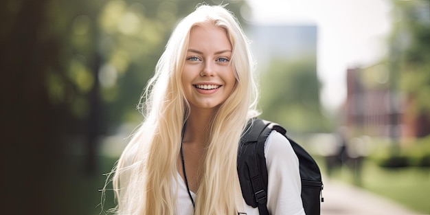Attraktive blonde Studentinnen mit Rucksack auf einem College-Campus