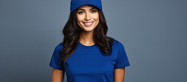 Attraktive brünette Promoterin mit blauem Hemd und Mütze auf weißem Hintergrund mit Platz für Text