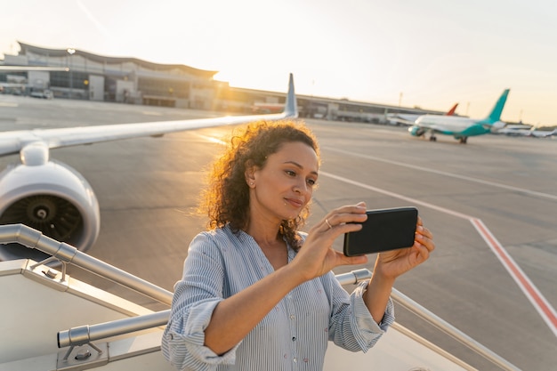 Attraktive erwachsene Frau, die ein Selfie macht, bevor sie mit dem Flugzeug fliegt
