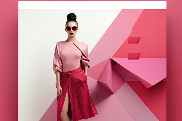 Attraktive Frau im roten Outfit, rubinrote Farbe, Kleidung, Modedesign, Kopierraum, generative KI