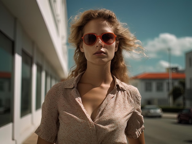 Attraktive Frau mit Sonnenbrille posiert in Freizeitkleidung auf der Straße. Generative KI
