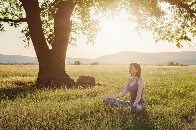 Attraktive Frau praktiziert im Sommer Yoga in der Natur