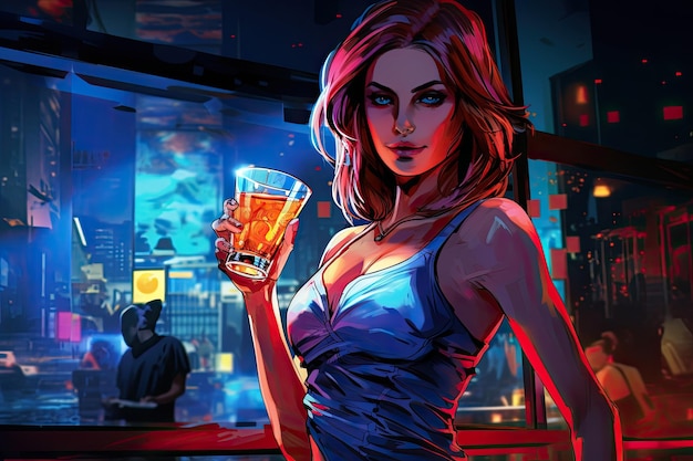 Attraktive Frau trinkt einen Cocktail mit farbenfrohen Kunstwerken im Comic-Stil