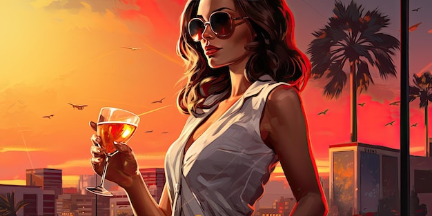 Attraktive Frau trinkt einen Cocktail mit farbenfrohen Kunstwerken im Comic-Stil