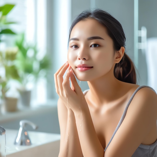 Attraktive, frische asiatische Frau, sauberes Gesicht, frisches Wasser und sorgfältiger Blick auf den Spiegel im Badezimmer zu Hause