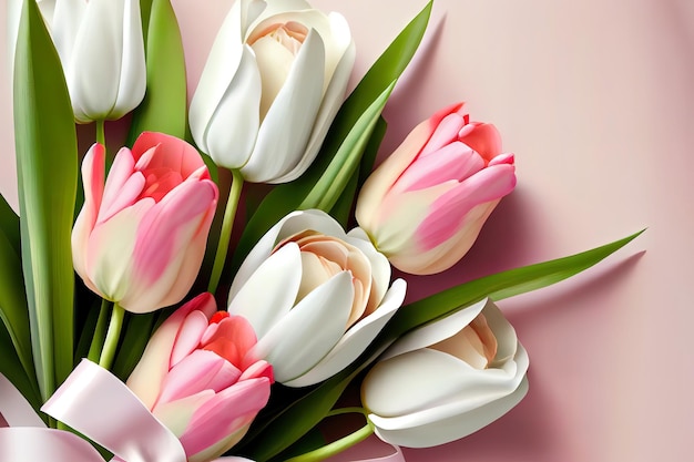 Attraktive Frühlingsblumen Women39s Day Hintergrund Blumenstrauß aus weißen und rosa Tulpen Geschenk für Mother39s Day Raum im weißen Hintergrund Generative Ai