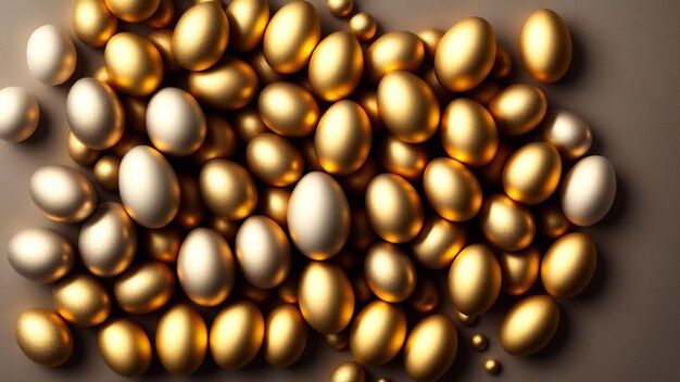 Attraktive glänzende goldene Eier im Hintergrund, Nahaufnahmen, reichhaltiges Konzept, Vitalität, generative KI