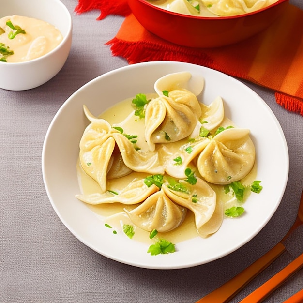 Attraktive Hähnchen-Momos auf einem Teller