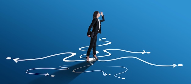 Attraktive junge europäische Geschäftsfrau blickt in die Ferne auf blauem Hintergrund mit gezeichneten Pfeilen und Schatten Richtung Erfolg und Wegkonzept