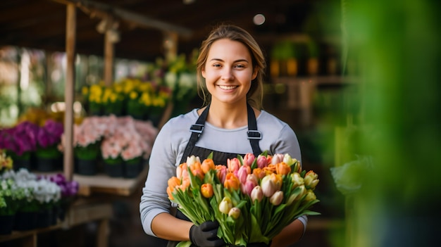 Attraktive junge Floristin hält einen Blumenstrauß