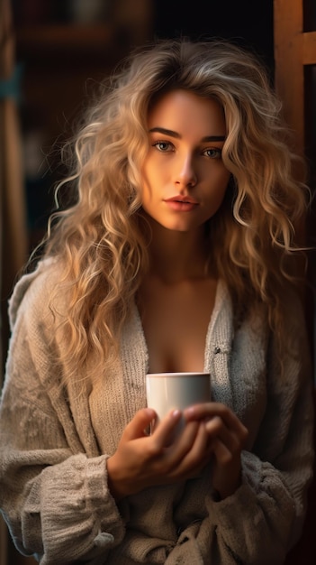 Attraktive junge Frau genießt die Morgensonne, während sie eine Kaffeetasse in der Hand hält. Generative KI