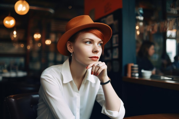 Attraktive junge Frau in modernem Stil und Hut, die in einem Café denkt