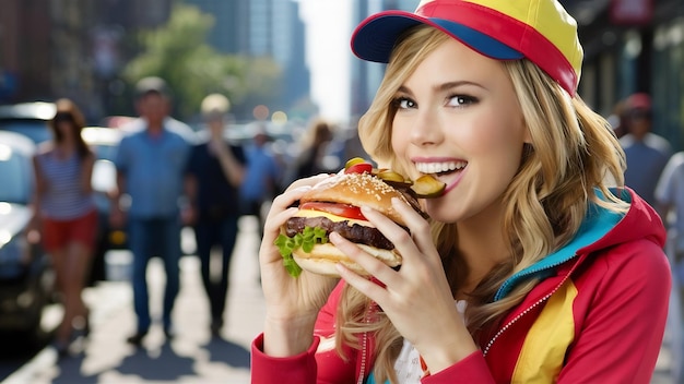 Attraktive junge Frau isst einen leckeren Burger, gekleidet in farbenfrohe Jacke und Mütze