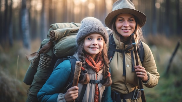 Attraktive Mutter und Tochter mit Taschen auf Wanderungen