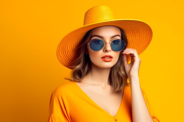 Attraktive schöne junge Frau mit Sonnenbrille und Hut steht über einem orangefarbenen Hintergrund Generative KI