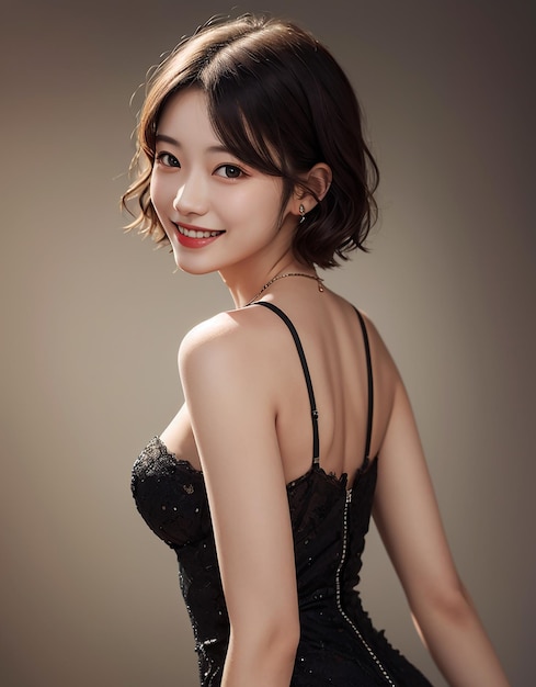 Attraktive schöne sexy Frau, die ein schwarzes Kleid trägt und vor einem sauberen Hintergrund steht
