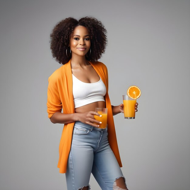 Attraktive schwarze Frau hält ein Glas Orangensaft in der Hand