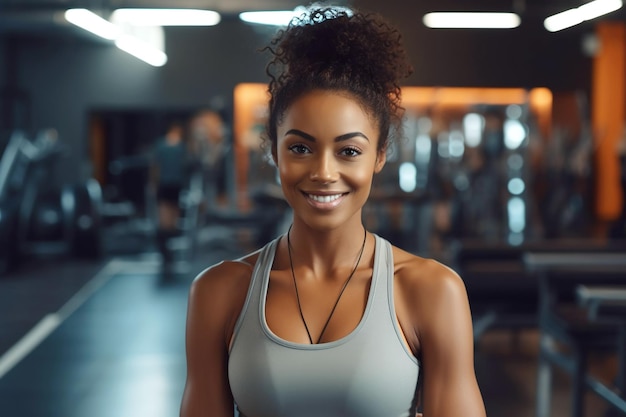 Attraktive schwarze Frau in Sportbekleidung steht vor dem Hintergrund eines Fitnessraums