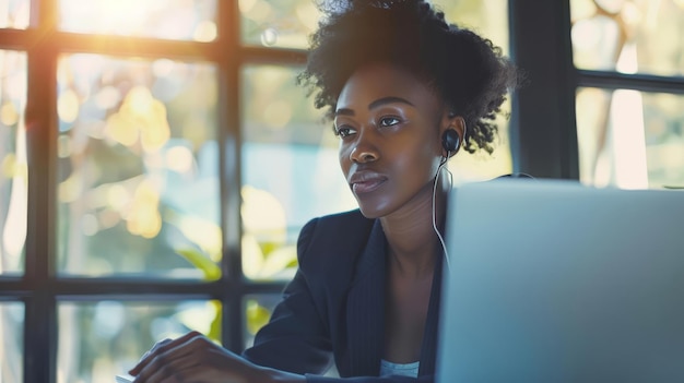 Attraktive schwarze Geschäftsfrau benutzt einen Laptop, telefoniert mit Geschäftskollegen, kommuniziert mit ihrem Team.