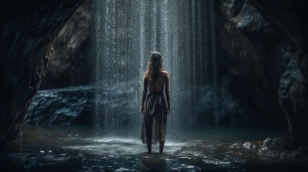 Attraktive und einladende Frau unter dem Wasserfall voller Körper von hinten hoch detailliert