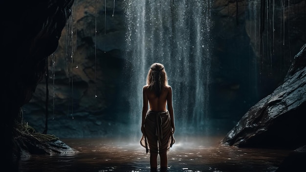 Attraktive und einladende Frau unter dem Wasserfall voller Körper von hinten hoch detailliert